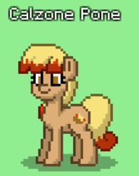 Size: 335x422 | Tagged: safe, oc, oc only, oc:calzone pone, earth pony, food pony, original species, pizza pony, pony, pony town, cute, female, food, green background, mare, pizza, pone, simple background, smiling, solo