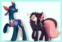 Size: 5321x3599 | Tagged: safe, artist:silverknight27, pharynx, oc, oc:silver rose, changedling, changeling, pegasus, pony, g4, to change a changeling, absurd resolution, gay, heart, male, neck fluff, prince pharynx, raised hoof, stallion, tongue out