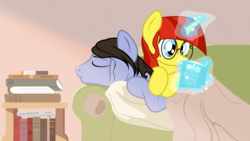 Size: 2870x1614 | Tagged: safe, artist:aaronmk, oc, oc only, oc:lefty pony, blanket, book, couch, freckles, glasses, magic glow, pillow, reading