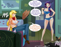 Size: 2786x2152 | Tagged: safe, artist:shinta-girl, applejack, rarity, human, equestria girls, g4, bedroom, belly button, blushing, breasts, busty applejack, cleavage, clothes, couple, daisy dukes, embarrassed, female, high res, humanized, lesbian, midriff, ship:rarijack, shipping, shorts, spanish, translated in the comments