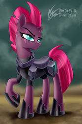 Size: 1280x1920 | Tagged: safe, artist:nekokevin, tempest shadow, pony, unicorn, g4, my little pony: the movie, armor, broken horn, female, horn, mare, overcast, raised hoof, solo