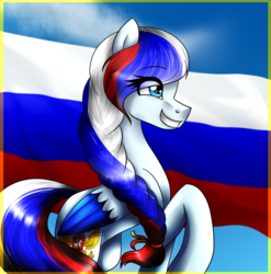 Size: 1187x1200 | Tagged: safe, artist:lada03, oc, oc only, pegasus, pony, female, flag, grin, mare, mascot, nation ponies, ponified, raised hoof, russia, russian, smiling, solo