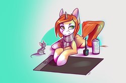 Size: 1280x843 | Tagged: safe, artist:voshi, oc, oc only, oc:alice bear, mouse, pony, unicorn, alcohol, artist, beer, clothes, gradient background, happy birthday, russian, scarf, tablet, translated in the comments, wacom