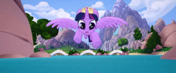 Size: 1920x798 | Tagged: safe, screencap, carrot top, golden delicious, golden harvest, minuette, moondancer, twilight sparkle, twinkleshine, alicorn, pony, g4, my little pony: the movie, animated, apple family member, female, floppy ears, flying, mountain, no sound, splash, tree, twilight sparkle (alicorn), water, webm