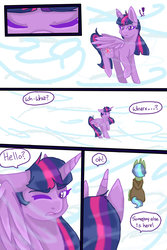 Size: 1024x1536 | Tagged: safe, artist:jeyjeymohr, clover the clever, twilight sparkle, alicorn, pony, unicorn, comic:crownless, g4, comic, dialogue, exclamation point, twilight sparkle (alicorn)