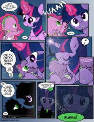 Size: 1275x1650 | Tagged: safe, artist:dsana, spike, twilight sparkle, alicorn, dragon, pony, comic:a moment in time, g4, baby, baby spike, comic, diaper, magic, mama twilight, twilight sparkle (alicorn)