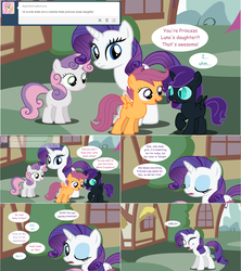 Size: 1284x1444 | Tagged: safe, artist:hakunohamikage, rarity, scootaloo, sweetie belle, oc, oc:nyx, alicorn, pegasus, pony, unicorn, ask-princesssparkle, g4, alicorn oc, ask, female, filly, mare, this will end in tears and/or death and/or covered in tree sap, tumblr