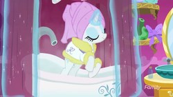 Size: 2560x1440 | Tagged: safe, screencap, rarity, g4, it isn't the mane thing about you, bathrobe, bathtub, clothes, robe, shower, towel, we don't normally wear clothes