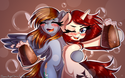 Size: 2800x1742 | Tagged: safe, artist:chaosangeldesu, oc, oc only, oc:nazzy, pegasus, pony, unicorn, alcohol, bipedal, blushing, drunk, duo, female, mare, open mouth, side hug