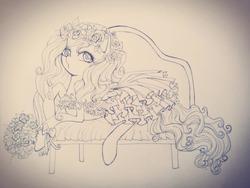 Size: 720x540 | Tagged: safe, artist:layechka, pinkie pie, g4, couch, female, floral head wreath, flower, solo, traditional art