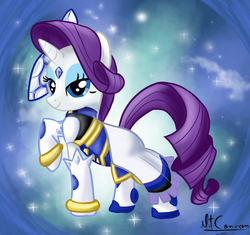 Size: 774x728 | Tagged: safe, artist:mitconnors, rarity, pony, g4, clothes, cosplay, costume, crossover, female, fronzen lady justice, raised hoof, solo, yu-gi-oh!