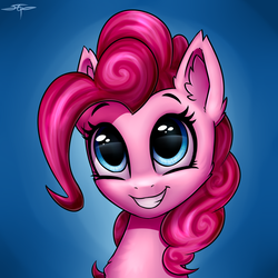 Size: 3000x3000 | Tagged: safe, artist:setharu, pinkie pie, earth pony, pony, bust, chest fluff, cute, diapinkes, ear fluff, female, grin, looking up, mare, portrait, signature, smiling, solo