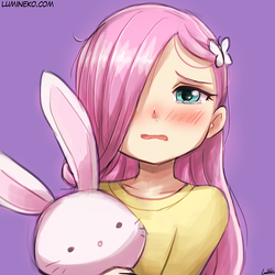 Size: 750x750 | Tagged: safe, artist:lumineko, fluttershy, human, rabbit, g4, clothes, crying, cute, female, hair over one eye, hairpin, humanized, plushie, sad, sadorable, shyabetes, simple background, solo, younger