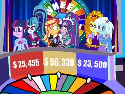 Size: 1032x774 | Tagged: safe, artist:ktd1993, adagio dazzle, aria blaze, sonata dusk, sunset shimmer, trixie, twilight sparkle, equestria girls, g4, female, lesbian, ship:sunblaze, ship:triagio, ship:twinata, shipping, wheel of fortune