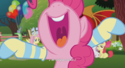 Size: 976x531 | Tagged: safe, screencap, apple bloom, fluttershy, gummy, pinkie pie, scootaloo, sweetie belle, manticore, g4, happy birthday to you!, clothes, cutie mark crusaders, mawshot, missing cutie mark, netflix, nose in the air, open mouth, socks, striped socks, uvula, volumetric mouth, youtube link