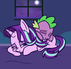 Size: 721x700 | Tagged: dead source, safe, artist:radek1212, spike, starlight glimmer, dragon, pony, unicorn, g4, baby, baby dragon, bed, blanket, blue eyes, cuddling, cute, cutie mark, duo, eyes closed, featured image, female, full moon, glimmerbetes, hair flip, horn, indoors, lidded eyes, looking back, love, male, mare, moon, night, night sky, nose wrinkle, on top, one eye closed, prone, scales, ship:sparlight, shipping, sky, sleeping, smiling, spikabetes, squishy cheeks, starlight's room, stars, straight, underhoof, weapons-grade cute, window