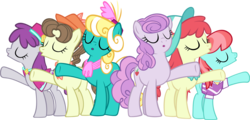 Size: 5495x2648 | Tagged: safe, artist:ironm17, crimson cream, fashion statement, honey curls, mare e. belle, mare e. lynn, pearmain worcester, pegasus olsen, peggy holstein, silver berry, strawberry ice, earth pony, pony, g4, cape, clothes, eyes closed, group, hat, scarf, shirt, simple background, singing, transparent background, vector