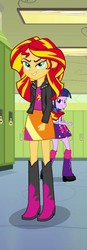 Size: 279x806 | Tagged: safe, screencap, sunset shimmer, twilight sparkle, equestria girls, g4, my little pony equestria girls, boots, clothes, cropped, evil grin, grin, jacket, rear view, shoes, skirt, smiling, smirk, twilight sparkle (alicorn)