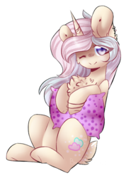 Size: 613x829 | Tagged: safe, artist:twinkepaint, oc, oc only, oc:bubble wings, pony, unicorn, female, mare, one eye closed, pillow, simple background, solo, transparent background, wink