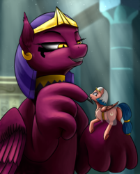 Size: 2340x2913 | Tagged: safe, artist:lightly-san, somnambula, the sphinx, pegasus, pony, sphinx, daring done?, g4, butt, claws, female, high res, hypnosis, looking at each other, macro, mare, paws, plot, size difference, smiling