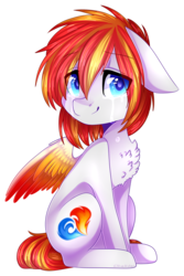 Size: 1095x1642 | Tagged: safe, artist:shiromidorii, oc, oc only, oc:heartfire, pegasus, pony, chest fluff, colored wings, crying, floppy ears, male, multicolored wings, simple background, sitting, solo, stallion, transparent background