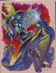 Size: 1813x2379 | Tagged: safe, artist:andypriceart, princess luna, queen chrysalis, alicorn, changeling, changeling queen, pony, g4, angry, colored pencil drawing, duo, fangs, female, fight, glowing horn, horn, mare, toned paper, traditional art