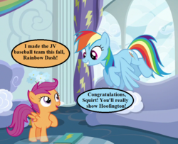 Size: 800x650 | Tagged: safe, edit, edited screencap, editor:korora, screencap, rainbow dash, scootaloo, g4, the cart before the ponies, baseball, cropped, rainbow dash's house, scootaloo will show us games to play, speech bubble, sports