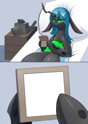 Size: 1600x2263 | Tagged: safe, artist:underpable, edit, queen chrysalis, changeling, changeling queen, pony, g4, bed, blushing, camera, exploitable, fangs, female, floppy ears, former queen chrysalis, long ears, mare, meme, photo, queen chrysalis's photo, smiling, template