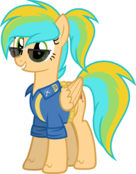 Size: 1024x1305 | Tagged: safe, artist:pegasski, oc, oc only, oc:blue glory, pegasus, pony, g4, clothes, female, mare, simple background, smiling, solo, sunglasses, transparent background