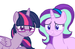 Size: 1024x673 | Tagged: safe, artist:salemwerewolf15, starlight glimmer, twilight sparkle, alicorn, pony, g4, alternate hairstyle, female, glasses, implied magical lesbian spawn, lesbian, looking at you, ms paint, older, ship:twistarlight, shipping, simple background, story included, transparent background, twilight sparkle (alicorn), worried