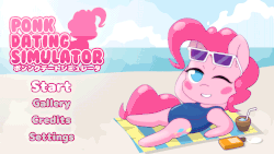 Size: 1280x720 | Tagged: safe, artist:omegaozone, pinkie pie, g4, animated, beach, blush sticker, blushing, clothes, drink, female, frame by frame, gif, japanese, one eye closed, one-piece swimsuit, perfect loop, ponk, pony dating simulator, smiling, solo, sunglasses, sunscreen, swimsuit, text, wink