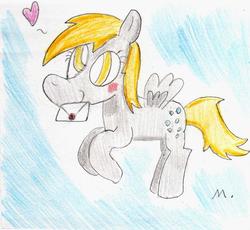 Size: 677x622 | Tagged: safe, artist:ptitemouette, derpy hooves, g4, blushing, female, heart, letter, solo, traditional art