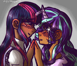 Size: 3675x3150 | Tagged: safe, artist:mylittleyuri, starlight glimmer, twilight sparkle, human, g4, blushing, crying, dark skin, female, high res, holding hands, horn, horned humanization, human coloration, humanized, lesbian, looking at each other, ship:twistarlight, shipping, tears of joy