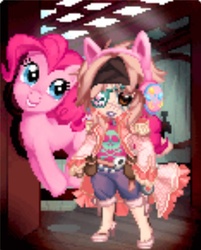 Size: 481x599 | Tagged: safe, pinkie pie, earth pony, human, pony, g4, eyepatch, gaia online, headphones, humanized, pirate, pirate pinkie pie, pronking, smiling