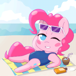 Size: 500x500 | Tagged: safe, artist:omegaozone, pinkie pie, g4, animated, beach, blush sticker, blushing, clothes, female, frame by frame, gif, looking at you, mare, one eye closed, one-piece swimsuit, pony dating simulator, smiling, solo, sunglasses, sunscreen, swimsuit, towel, wink