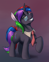 Size: 1186x1500 | Tagged: safe, artist:vistamage, oc, oc only, pony, unicorn, glasses, grin, male, necktie, rainbow hair, smiling, solo