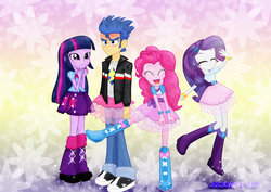 Size: 1600x1131 | Tagged: safe, artist:jucamovi1992, flash sentry, pinkie pie, rarity, twilight sparkle, equestria girls, g4, boots, clothes, crossdressing, dancing, eyes closed, female, flash sentry is not amused, male, pinkie pie is amused, ship:flashlight, shipping, shoes, skirt, smiling, sneakers, straight, tutu, unamused, varying degrees of amusement