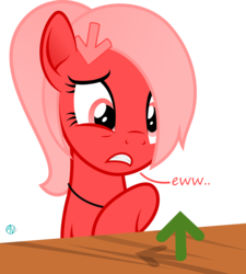 Size: 1999x2225 | Tagged: safe, artist:arifproject, oc, oc only, oc:downvote, pony, derpibooru, g4, derpibooru ponified, dialogue, disgusted, eww, meta, ponified, ponytail, simple background, solo, table, transparent background, upvote, vector