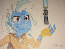 Size: 3264x2448 | Tagged: safe, artist:sandstorm-arts, trixie, equestria girls, g4, crossover, drawing, high res, jedi, lightsaber, star wars, traditional art, weapon