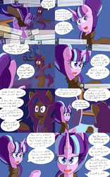 Size: 2000x3200 | Tagged: safe, artist:jake heritagu, scootaloo, starlight glimmer, pony, comic:ask motherly scootaloo, g4, ask, bed, blanket, cloak, clothes, cloud, cloudsdale, comic, hairpin, high res, motherly scootaloo, sweatshirt, toy box, wonderbolts poster