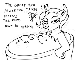 Size: 928x748 | Tagged: safe, artist:faience, trixie, pony, unicorn, g4, africa, africa (song), alcohol, bath, black and white, bubble, ear fluff, female, grayscale, looking at you, mare, martini, monochrome, scrubs, sketch, solo, song reference, toto (band), unshorn fetlocks