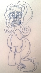 Size: 1403x2495 | Tagged: safe, artist:binkyt11, derpibooru exclusive, fluttershy, pony, g4, alternate hairstyle, belly button, bipedal, braces, female, glasses, mare, monochrome, nerd, open mouth, ponytail, solo, teary eyes, traditional art