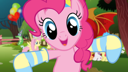 Size: 1920x1080 | Tagged: safe, screencap, apple bloom, fluttershy, gummy, pinkie pie, scootaloo, sweetie belle, manticore, g4, happy birthday to you!, balloon, clothes, cutie mark crusaders, netflix, ponies in socks, socks, striped socks
