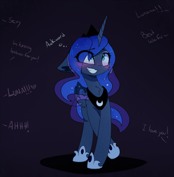 Size: 1480x1498 | Tagged: safe, artist:magnaluna, princess luna, alicorn, pony, awkward, blue background, blushing, chest fluff, colored wings, colored wingtips, crossed legs, cute, cute little fangs, dialogue, ethereal mane, eye clipping through hair, fangs, female, floppy ears, forced smile, grin, heart, lunabetes, mare, nervous, offscreen character, raised hoof, simple background, smiling, solo, starry mane, text, thought bubble, waifu, wide eyes