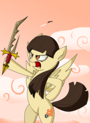 Size: 1836x2514 | Tagged: safe, artist:zsparkonequus, wild fire, g4, cloud, female, hoof hold, solo, sunset, sword, weapon, yelling