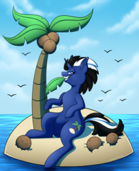 Size: 734x900 | Tagged: safe, artist:cutieanimals, oc, oc only, oc:shabaco, pony, unicorn, coconut tree, leaf, palm tree, smiling, tree, water