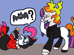 Size: 960x717 | Tagged: safe, artist:creative-blossom, pinkie pie, twilight sparkle, bat, earth pony, pony, unicorn, g4, batman, batmare, clothes, coin, cosplay, costume, cute, dc comics, duo, facehoof, female, harley quinn, harvey dent, hooves, mane of fire, mare, on back, pinkie quinn, present, rapidash twilight, redraw, speech bubble, standing, twiface sparkle, two-face