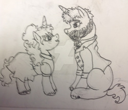 Size: 1024x879 | Tagged: safe, artist:creative-blossom, oc, oc only, pony, unicorn, actor, clothes, constantine, couple, cute, female, lineart, male, mare, matt ryan, ponysona, sketch, small, smol, stallion, traditional art, watermark