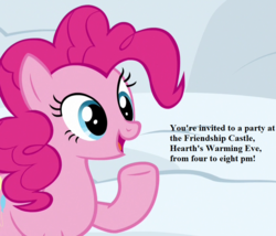 Size: 840x720 | Tagged: safe, edit, edited screencap, editor:korora, screencap, pinkie pie, g4, my little pony: friendship is magic, not asking for trouble, cropped, hearth's warming eve, invitation, party, snow, text