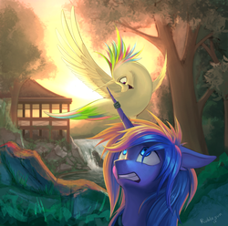 Size: 2968x2941 | Tagged: safe, artist:rublegun, princess celestia, princess luna, alicorn, bird, pony, g4, birdified, duo, eye contact, female, floppy ears, frown, gritted teeth, high res, looking at each other, looking up, mare, nature, open mouth, river, s1 luna, scenery, scenery porn, shocked, signature, smiling, species swap, spread wings, tree, waterfall, wide eyes, wings, worried